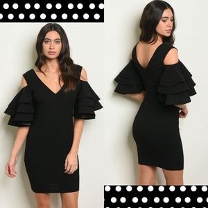 Black cold shoulder ruffle sleeve cocktail dress